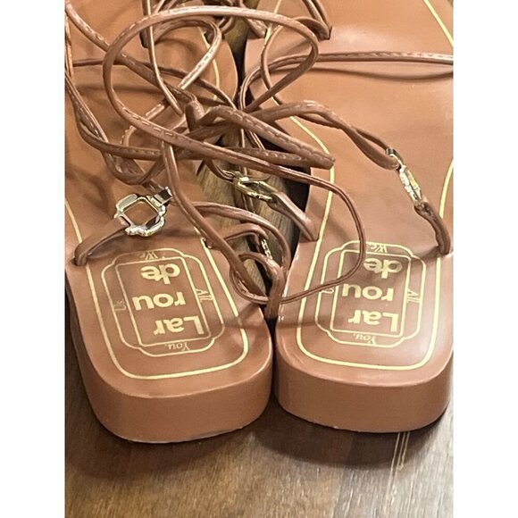 Larroude Portofino Flat Sandals in Caramel Leather 6 With Box Womens Wrap Slides - Picture 8 of 16